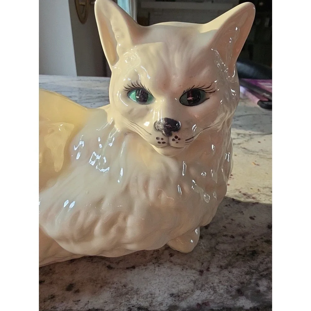Vintage Large Ceramic Cat Statue Figurine White Persian Cat